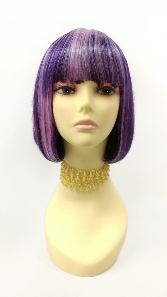 Dark Purple With Light Purple Streaks Short Bob Wig Straight With Bangs Page Boy Wig 60 317b Candy Ldppst
