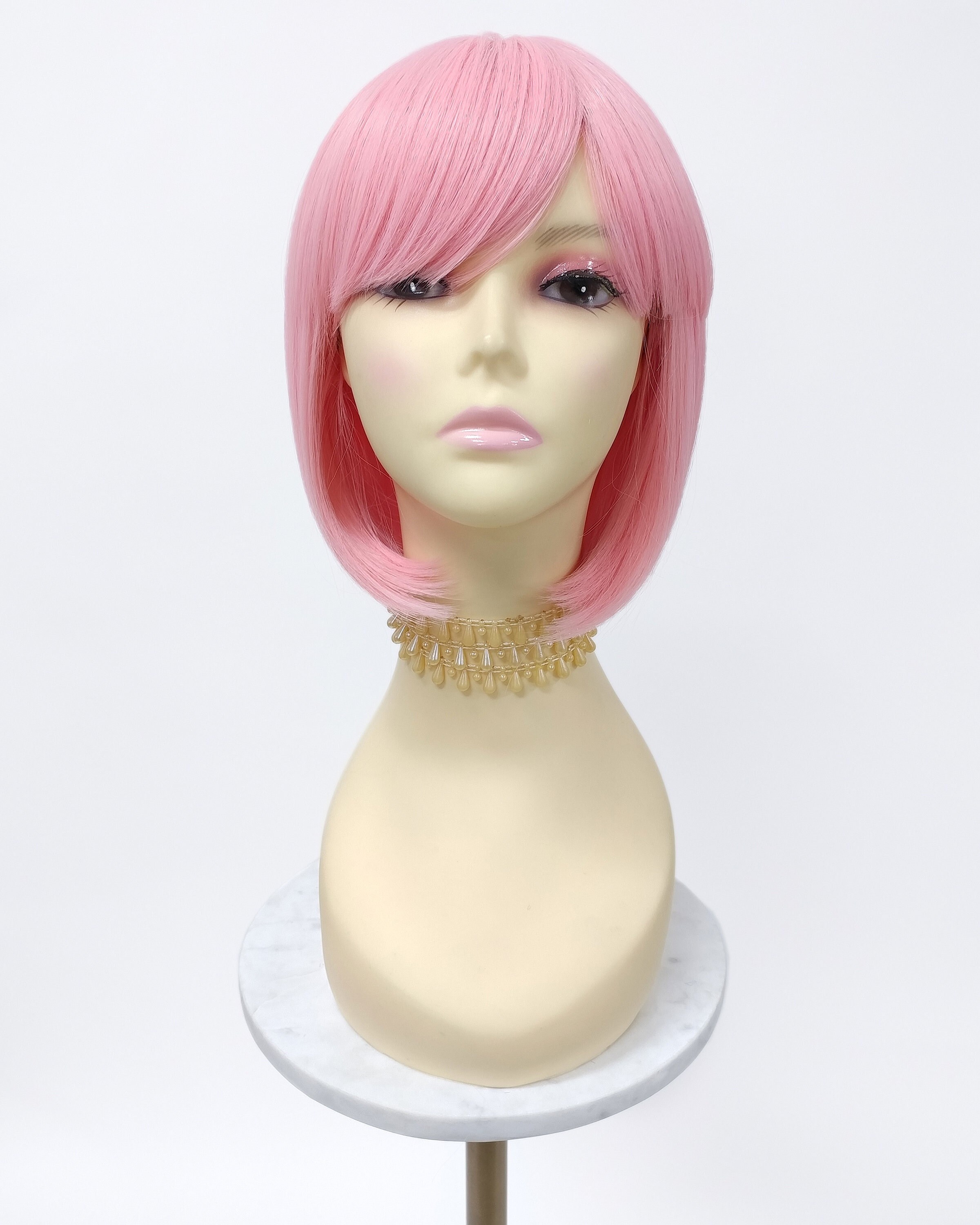? Women Pink Short Bob Wigs Straight Bangs 12Inch Heat Resistant Hair Natural Black and Pink Straight Bob Wig With Bangs | 12-inch Two  main image 3