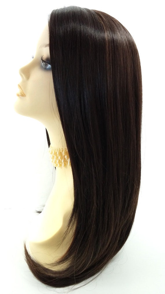 Long 24 Inch Dark Brown With Copper Highlights Straight Lace Front Wig With Premium Heat Resistant Fiber