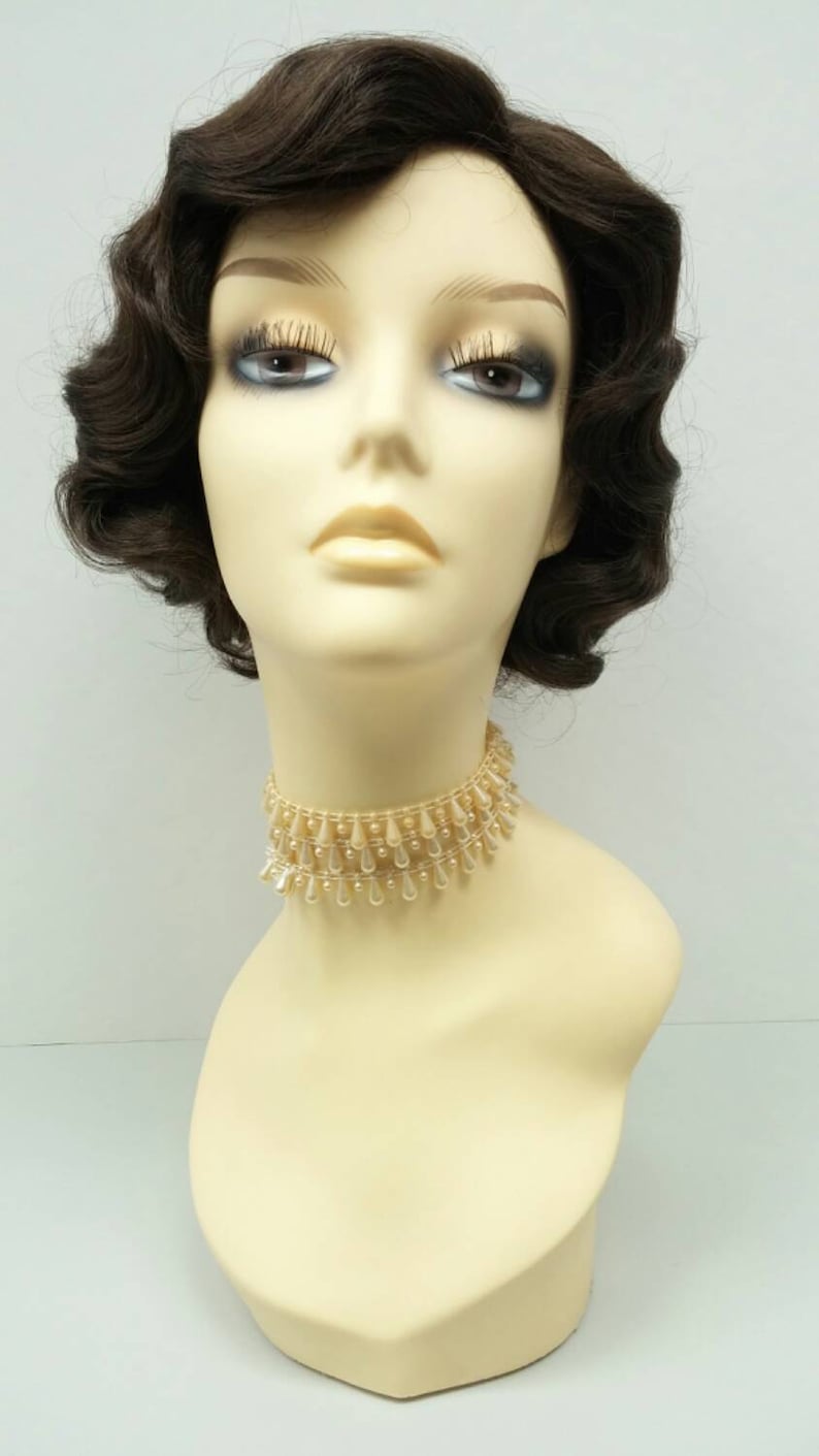 1920s Accessories: Feather Boas, Cigarette Holders, Flasks 1920s Style Short Dark Brown Finger Wave Wig. Vintage Style Costume Wig. [02-11-Rosie-6] $39.99 AT vintagedancer.com