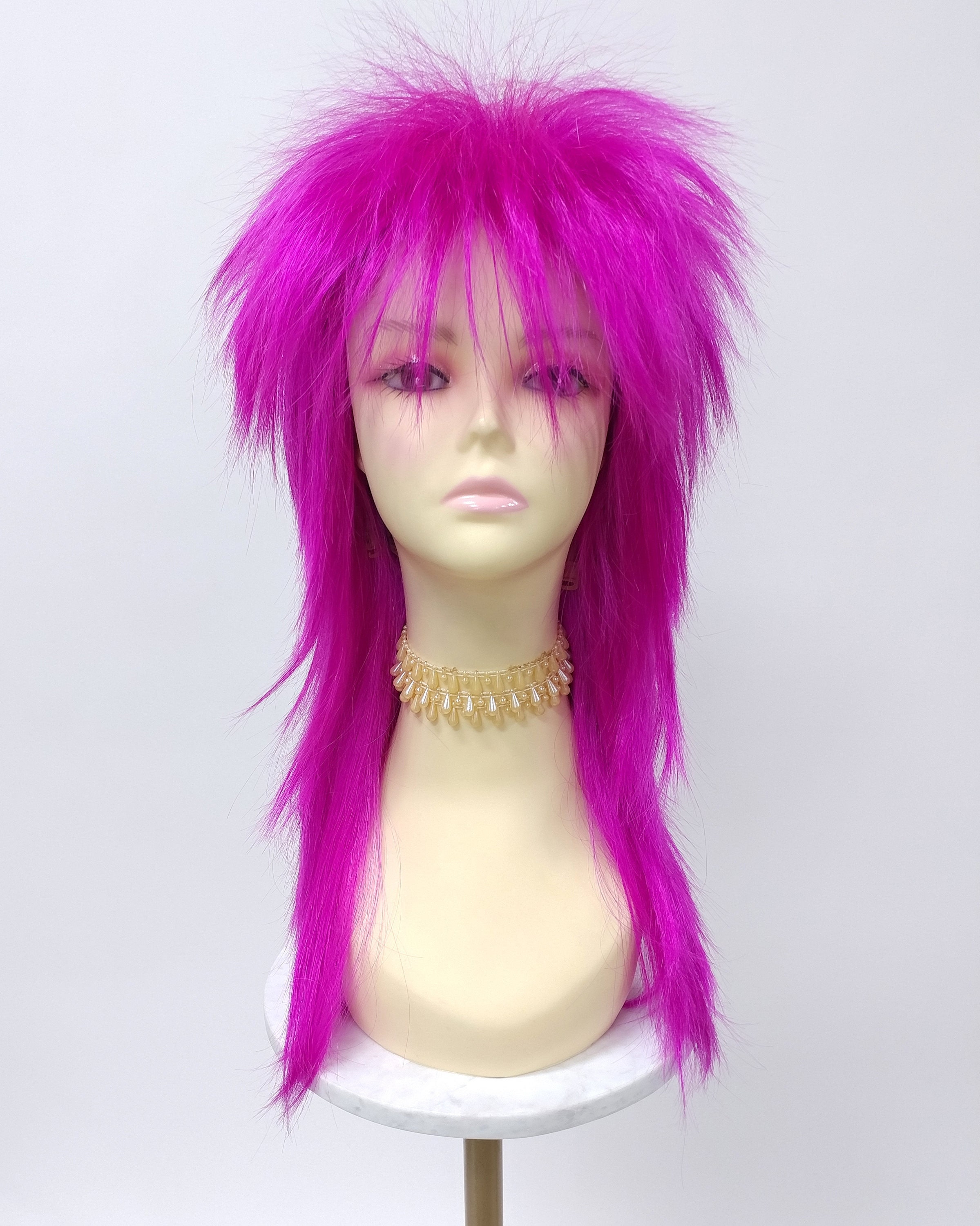 Punk Rock 80s Spiky Costume Wig Magenta Pink Long Mullet Rockstar