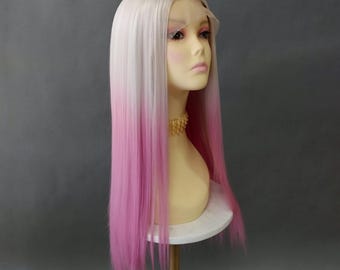 Lace Front Light Gray and Pink Ombre Long Straight Heat Resistant Wig 28 Inch [Peta-LunarPink]