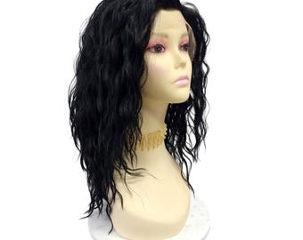 Black Classic Lace Front Long Layered Wavy Heat Resistant Free Part Wig 18 Inch [Oriana-1B]