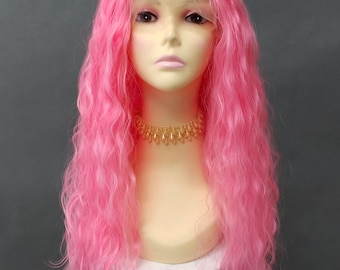 Lace Front 13x4 Hot Pink Long Wavy Curly Heat Resistant Wig 27 Inch [Mariya-PinkSugar]