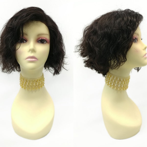 100% Unprocessed Fully Hand-Tied Lace Front Wavy Human Hair Bob Wig. Free Part Virgin Hair Wig. [116-543-Dawn-1B]