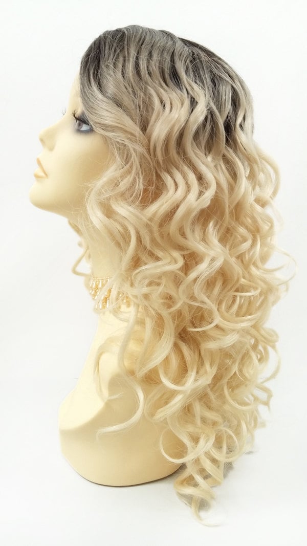 Long 18 Inch Curly Light Blonde Heat Resistant Wig With Dark  display picture 2