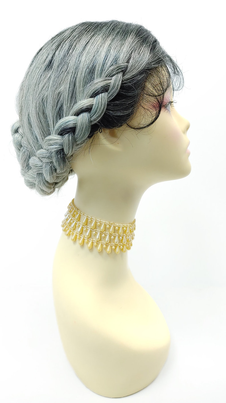 Victorian Wigs, Hair Pieces  | Victorian Hair Jewelry Smoky Teal Gray Lace Front Braided Chignon Bun Wig. Center Part Heat Resistant Heidi Wig [176-841E-Claire-TTB/STG] $79.99 AT vintagedancer.com