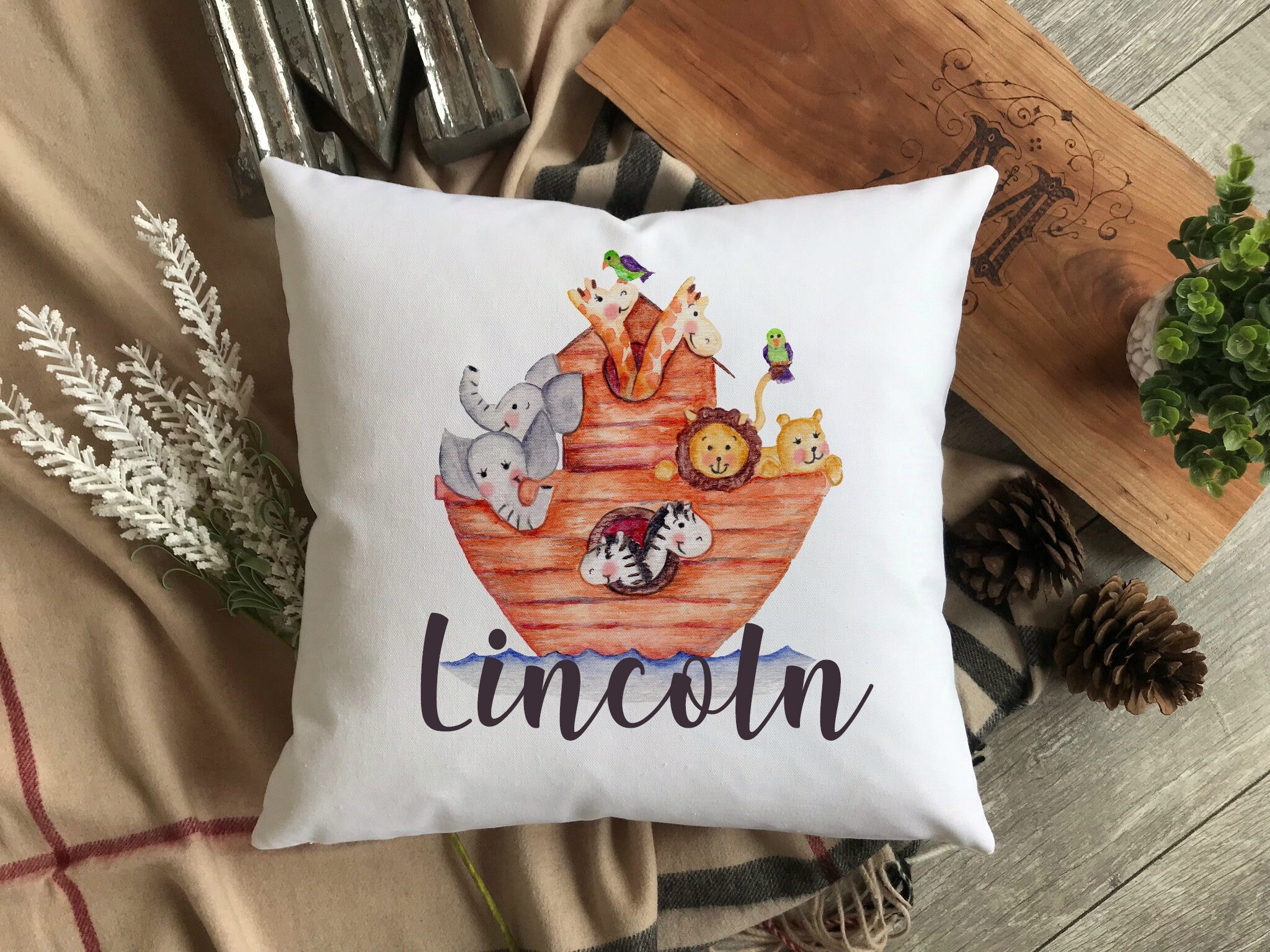 Noah S Ark Baby Pillow Name Pillow With Noah S Ark Animal