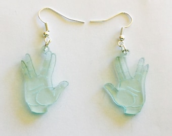 Live Long Prosper earrings, Vulcan Salute, acrylic hand earrings