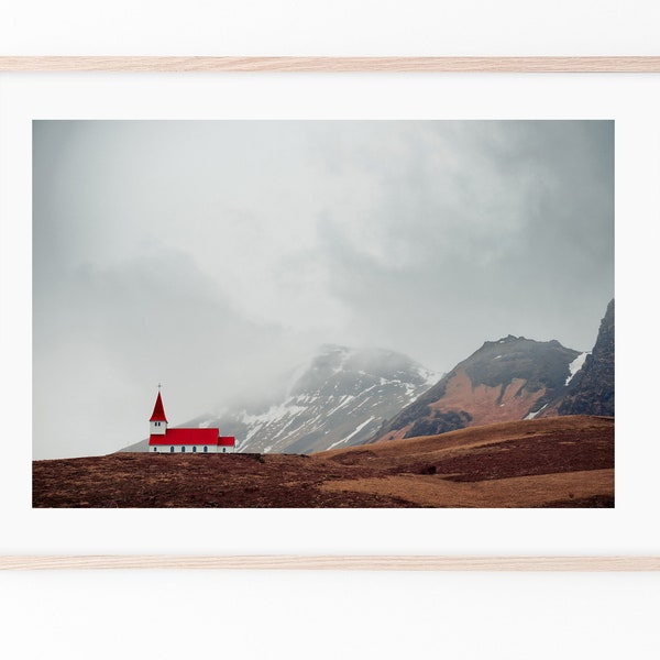Little Red Icelandic Church, picture of Iceland, Traditional Icelandic Church, Vik Church Iceland, Church Photography Print, Spiritual Decor
