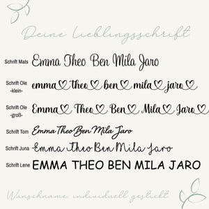 May include: A font selection chart displaying the names Emma, Theo, Ben, Mila, and Jaro in six distinct styles labeled Schrift Mats, Ole-klein, Ole-gro&szlig;, Tom, Juna, and Lene. The text is black on a light background with decorative leaf illustrations.