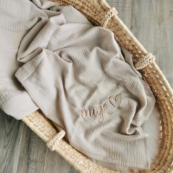Couverture pour bébé en mousseline avec nom | coton (biologique) | Couverture de naissance | Couverture d'été | Tissu mousseline | Couverture | Cadeau de naissance | Noël