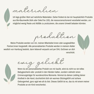 May include: A cream-colored graphic with text in German. The text is divided into three sections: "materialien", "produktion", and "ewig geliebt". Each section is accompanied by a stylized leaf illustration.