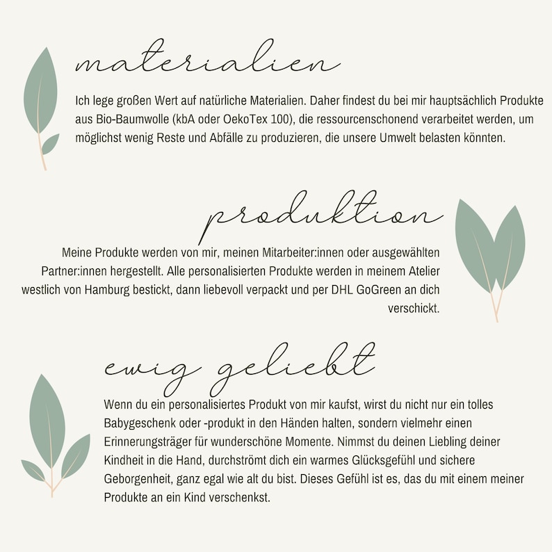 May include: A cream-colored graphic with text in German. The text is divided into three sections: "materialien", "produktion", and "ewig geliebt". Each section is accompanied by a stylized leaf illustration.
