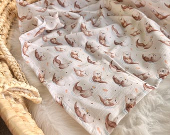Muslin cloth with otters | Cotton | Birth blanket | Summer blanket | Muslin baby blanket with name | Cuddly blanket | Gift for birth