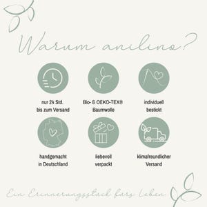 May include: A light green infographic titled Warum anilino? featuring six circular icons with white line art. The icons represent a clock, a plant, a needle and heart, a map of Germany with a heart, a gift box, and a delivery truck with leaves.