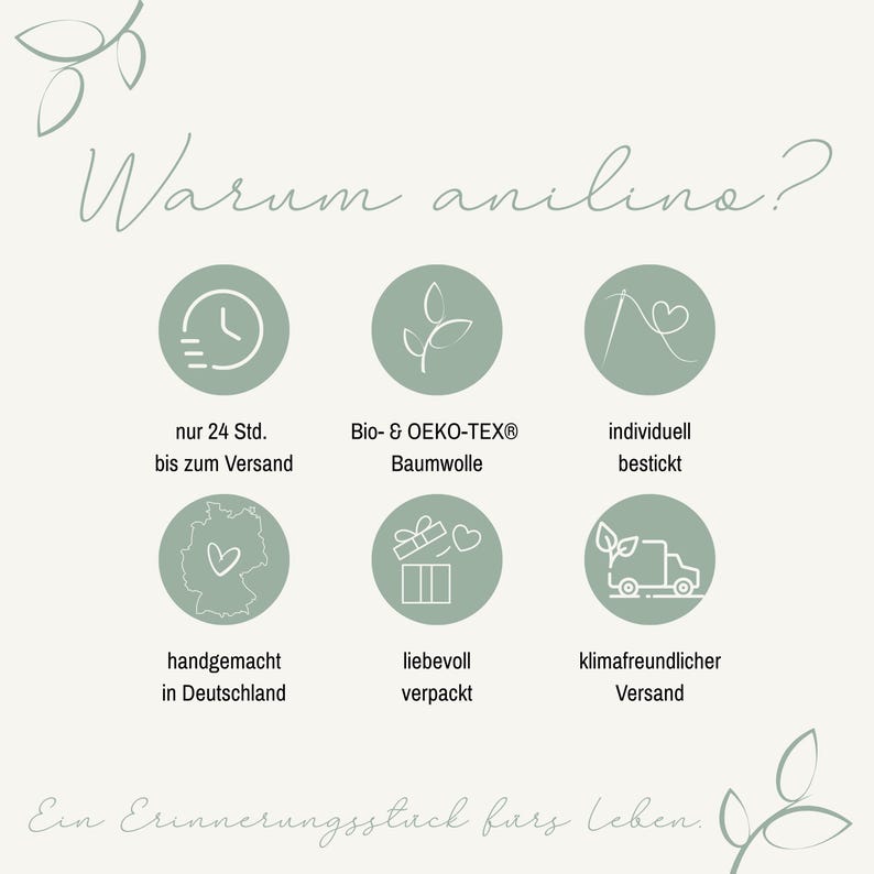 May include: A light green infographic titled Warum anilino? featuring six circular icons with white line art. The icons represent a clock, a plant, a needle and heart, a map of Germany with a heart, a gift box, and a delivery truck with leaves.