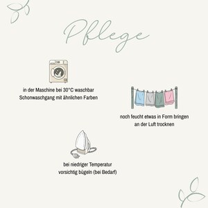 May include: An instructional graphic titled Pflege featuring icons for garment care. It shows a washing machine with 30&deg;C instructions, clothes hanging on a line to air dry, and an iron for low-temperature ironing, all on a light background.