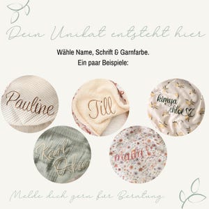 May include: Five circular fabric swatches featuring embroidered names and patterns. Text reads: "Dein Unikat entsteht hier", "W&auml;hle Name, Schrift & Garnfarbe. Ein paar Beispiele:", and "Melde dich gern f&uuml;r Beratung." The fabrics include waffle, fleece, and floral prints.