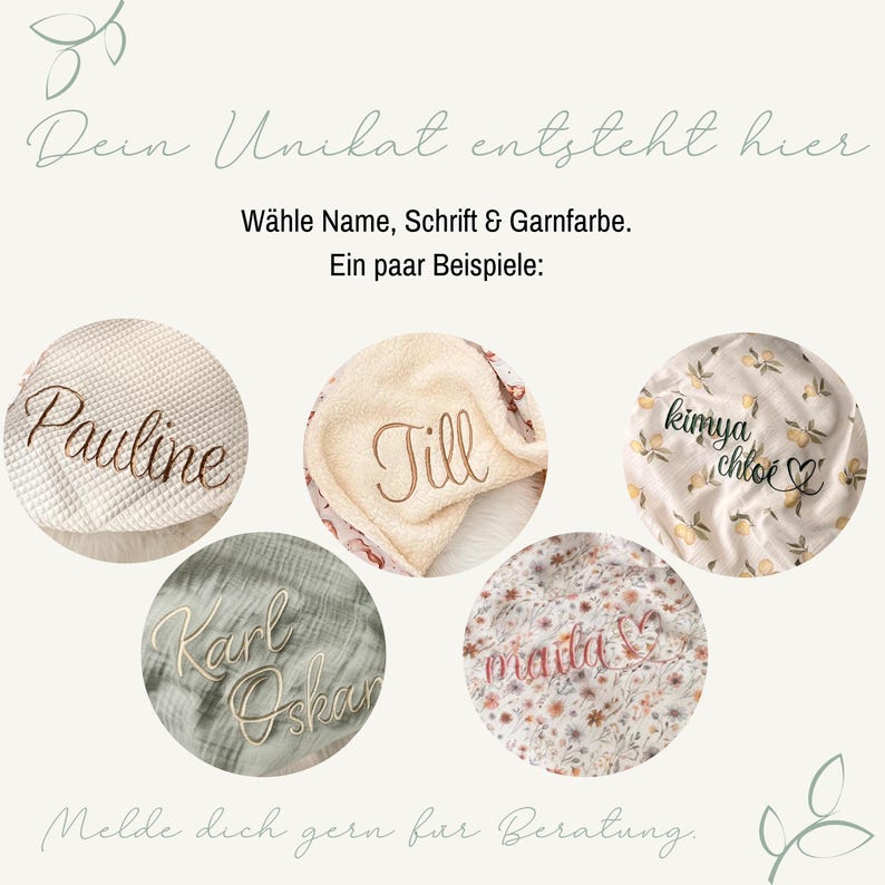 May include: Five circular fabric swatches featuring embroidered names and patterns. Text reads: "Dein Unikat entsteht hier", "W&auml;hle Name, Schrift & Garnfarbe. Ein paar Beispiele:", and "Melde dich gern f&uuml;r Beratung." The fabrics include waffle, fleece, and floral prints.