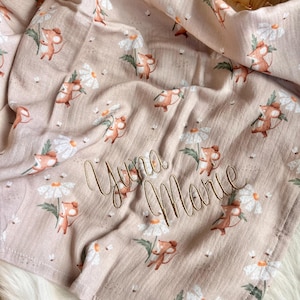 Musselintuch mit Mäusen | Baumwolle | Geburtsdecke | Sommerdecke | Musselin Babydecke mit Namen | Kuscheldecke | Geschenk zur Geburt