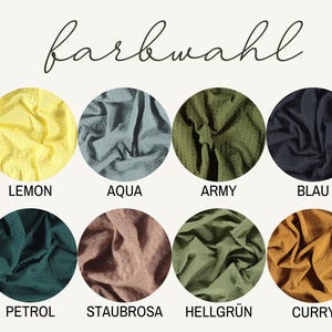 May include: A color chart titled farbwahl featuring eight circular fabric swatches in lemon, aqua, army, blau, petrol, staubrosa, hellgr&uuml;n, and curry. Each swatch displays a textured, folded fabric surface with its corresponding color name printed below.