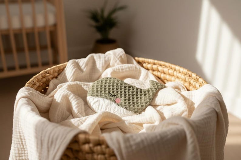 May include: A woven basket filled with a cream-colored blanket. A green whale-shaped sleep mask with a pink cheek and closed eye rests on the blanket. The basket is in a well-lit room.