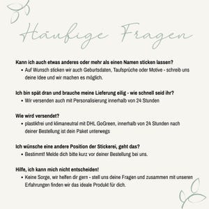 May include: A light-colored informational graphic titled H&auml;ufige Fragen in elegant script. It lists five frequently asked questions regarding embroidery customization, production timelines, shipping methods, placement options, and customer support assistance.