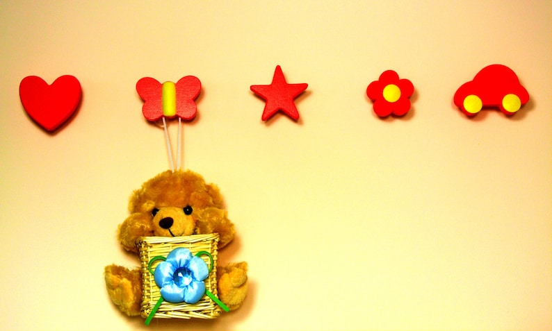 Set of 5 redyellow kids wall hooks-Coat hanger Wall hanger-Kids wall rack-Hooks and fixtures-Wall hook nursery