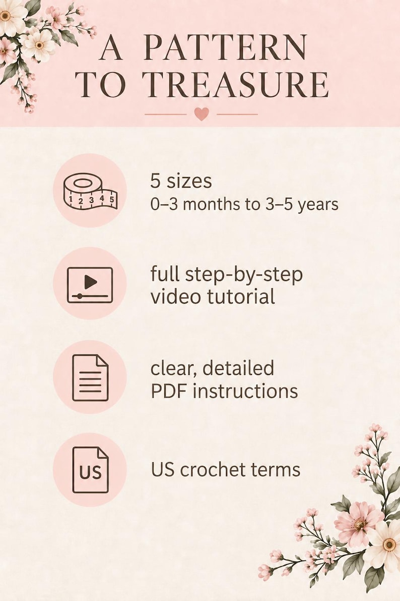 May include: A digital pattern guide titled A PATTERN TO TREASURE with floral accents. It lists 5 sizes from 0-3 months to 3-5 years, a full step-by-step video tutorial, clear detailed PDF instructions, and US crochet terms with icons.