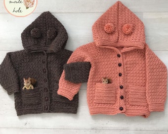 CROCHET PATTERN-Honey Bear Hoodie/Crochet Hoodie Pattern/ Crochet Bear Pattern/Crochet for Baby/ Cute Crochet/ Gener Neutral/ Baby Sweater/