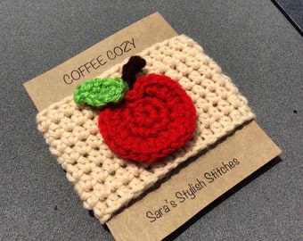 Crochet cozy with apple, apple coffee cozy/sleeve, cup cozy, teacher gift