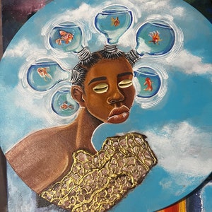 May include: A painting of a person with a dark brown complexion, wearing a gold patterned top. The person has their eyes closed and is surrounded by light bulbs with goldfish inside. The background is a blue sky with white clouds.