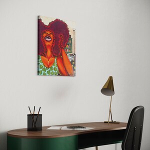 May include: A painting of a woman with red hair and a green and white patterned shirt. She is laughing with her head tilted back. The background is a city scene with buildings and a street lamp.