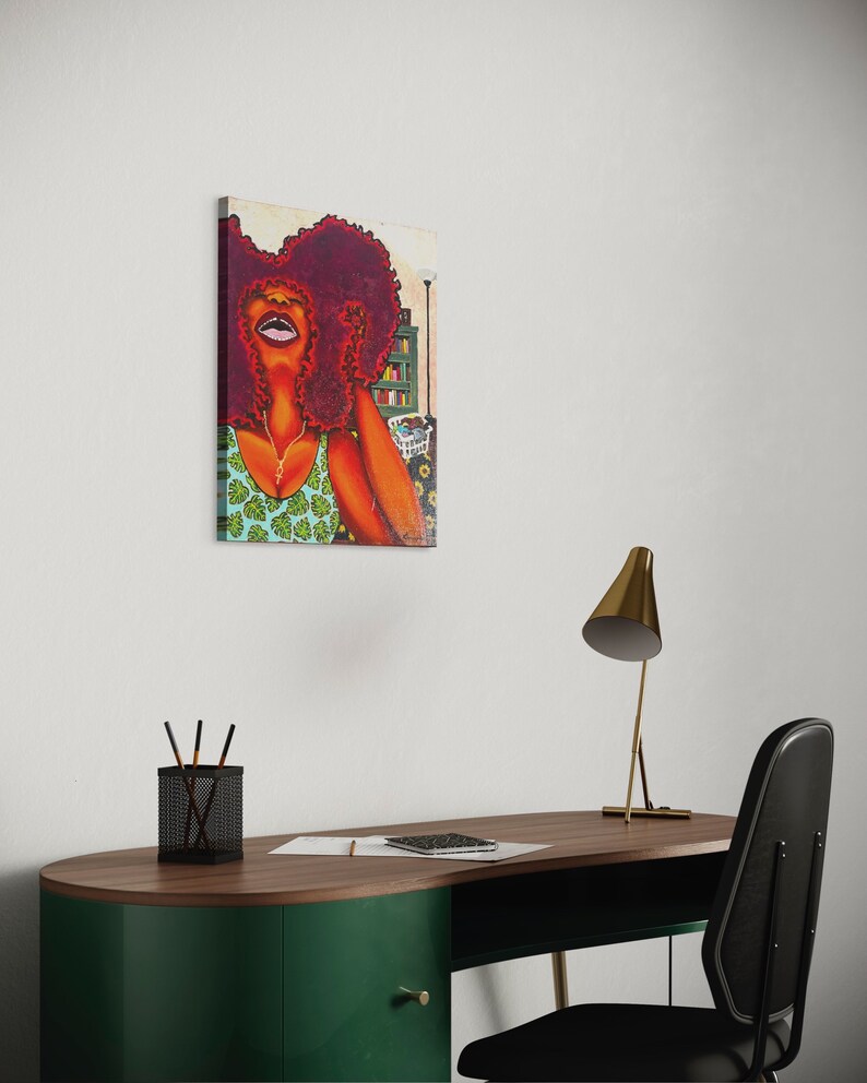 May include: A painting of a woman with red hair and a green and white patterned shirt. She is laughing with her head tilted back. The background is a city scene with buildings and a street lamp.