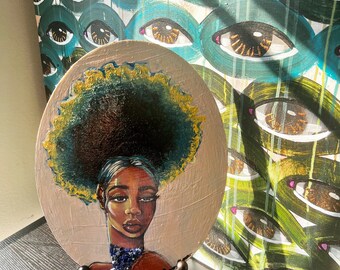 Eclipse, mixed media art with lapis lazuli, acrylic painting on oval canvas, textured solar eclipse Afro painting,