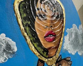 Woman and Mirror Acrylic Painting with Gold Leaf on Oval Canvas