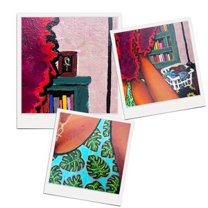 May include: Three Polaroid photos, each showing a different part of a painting. The first photo shows a red and pink background with a small wooden box on a green shelf. The second photo shows a woman's legs and a basket of laundry. The third photo shows a close-up of a blue and green patterned fabric.