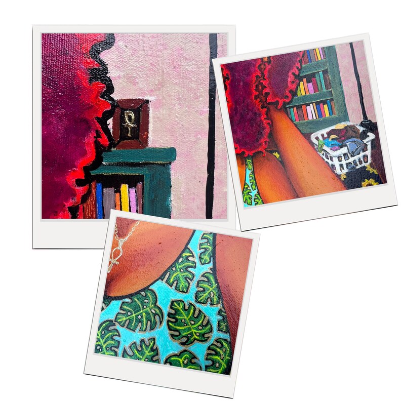 May include: Three Polaroid photos, each showing a different part of a painting. The first photo shows a red and pink background with a small wooden box on a green shelf. The second photo shows a woman's legs and a basket of laundry. The third photo shows a close-up of a blue and green patterned fabric.