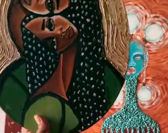 Gemini II – Textured Mixed Media Black Woman Portrait | Gold Leaf Acrylic Painting | Afrofuturism Wall Art | Resin Art on Canvas