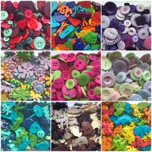 May include: Assortment of colourful buttons and plastic shapes. The buttons are in various colours, sizes, and designs. The plastic shapes include letters, animals, and other designs.