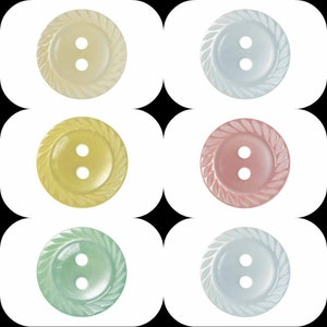 May include: Six two-hole buttons with a rope-like design around the edge. The buttons are in various pastel colours: pale yellow, pale blue, pale green, pale pink, and two shades of pale blue.