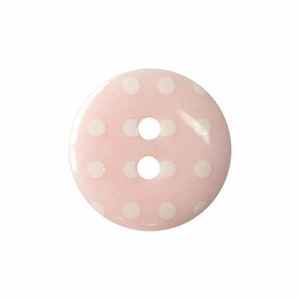 May include: A pink button with white polka dots and two holes.