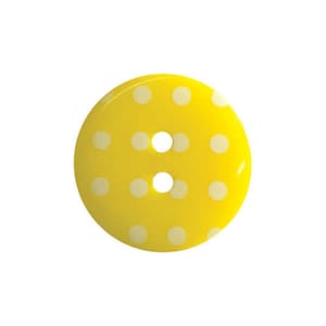 May include: A yellow button with white polka dots. The button has two holes.