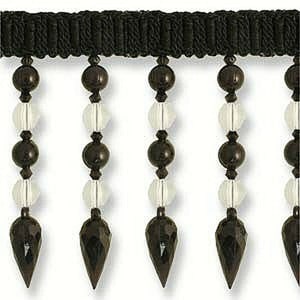 May include: Black and white beaded fringe trim with a black fabric backing. The fringe is made of alternating black and clear round beads with a black teardrop-shaped bead at the bottom.