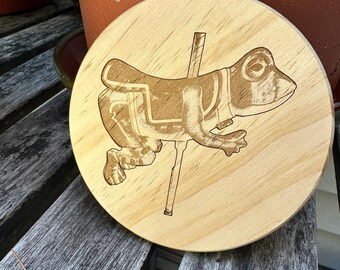Natural wood engraved Carousel Frog Coaster 4 inch