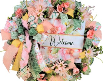 Peach Floral Spring Wreath: Welcome Front Door Decor