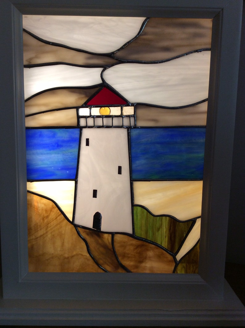 Stained Glass Lighthouse Scene Wooden Framed Led Lights