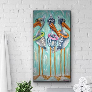 Whimsical Pelican. beach decor.  Colorful birds. Coastaldecor.  Funky Pelican birds.  Beach themed decor.  Beach cottage style. Beach wall