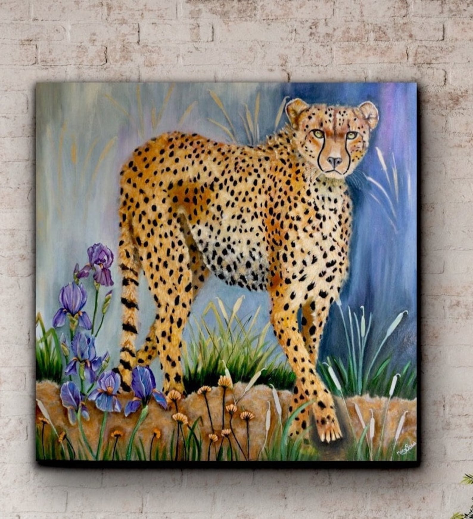 Safari-inspired Cheetah Canvas Print - Vibrant Wildflowers and Purple ...